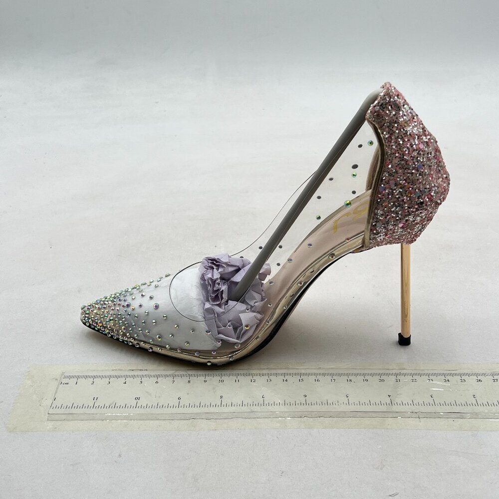 FSJ Pink Glitter Studded Pointed Toe Transparent Pumps High Heels Shoes